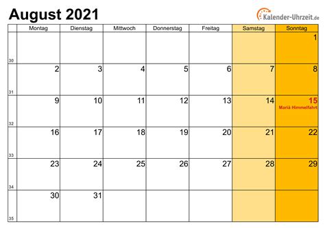 Der kalender 2021 wird automatisch erneuert und ist hier immer online einzusehen. August 2021 Kalender mit Feiertagen