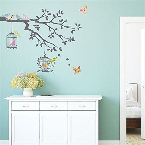 Decowall Dw 1510 Birds On Tree Branch With Bird Cages Kids Wall