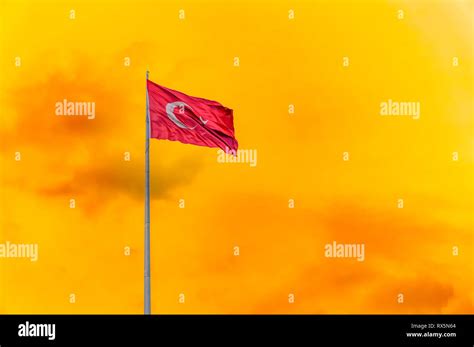 Turkish Flag Waving In Orange Color Sky Stock Photo Alamy