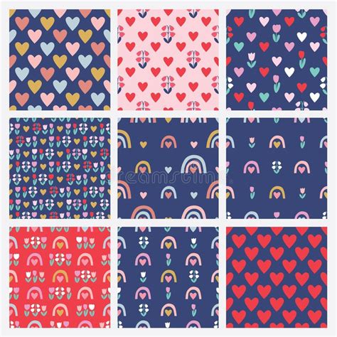 Set Of Cute Seamless Patterns With Hearts Rainbows And Flowers Stock