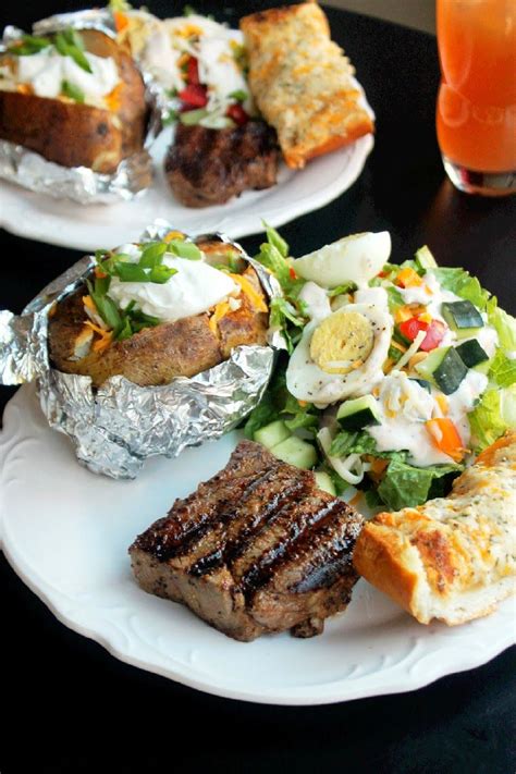 Sprinkle with coarse salt and pepper. Steak House Dinner with Grilled Beef Tenderloin, Loaded Stuffed Baked Potato, Garlic Cheese ...