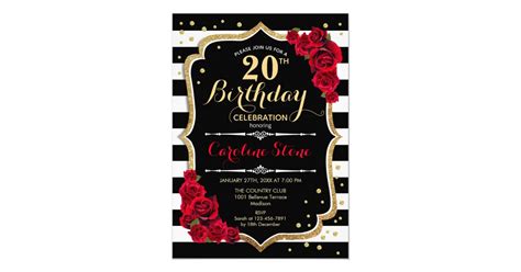 20th Birthday Invitation Black White Stripes Roses