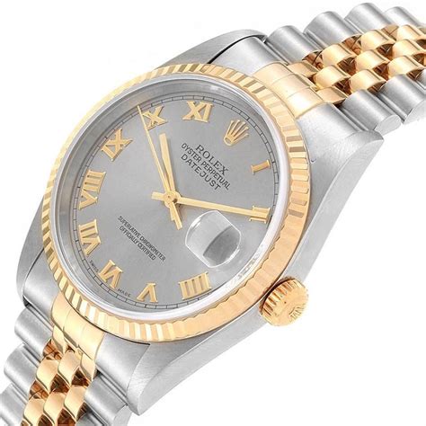 Rolex Datejust Steel 18 Karat Yellow Gold Slate Roman Dial Mens Watch