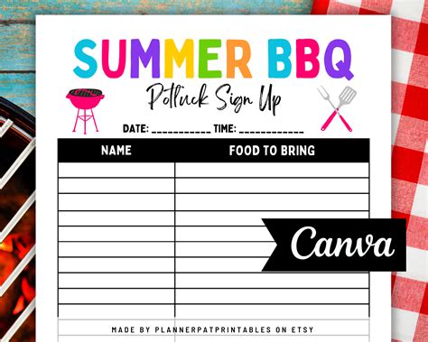 Summer Bbq Potluck Sign Up Sheet For Summer Cookout Potluck Etsy