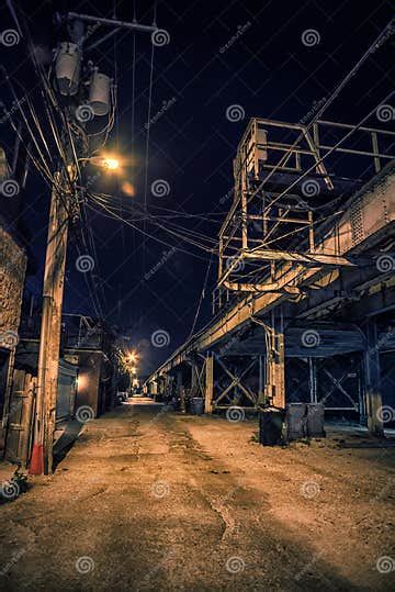 Dark And Eerie Downtown City Alley At Night Stock Photo Image Of