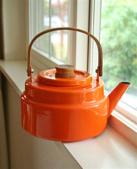 Orange Enamelware Tea Kettle With Wooden Handle Etsy In 2020 Tea