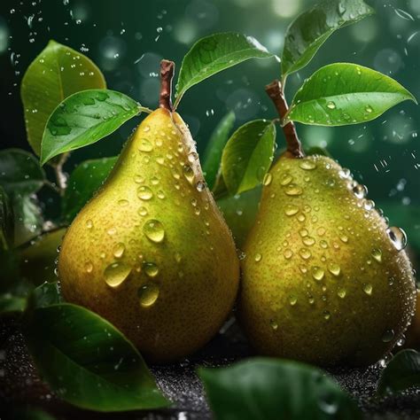 Premium Ai Image Two Pears Sit Next To Each Other With Green Leaves