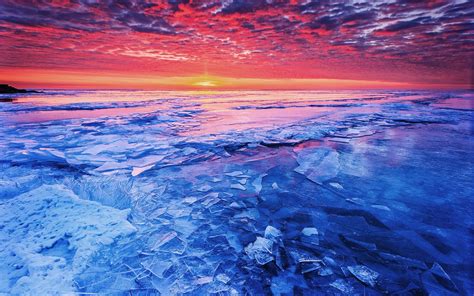 Sea Sunset And Shattered Ice Wallpaper Nature And Landscape