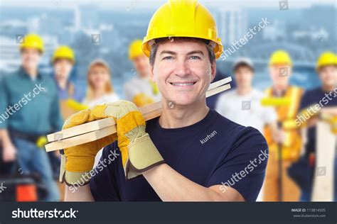 Smiling Construction Worker Man Architecture Background Stock Photo