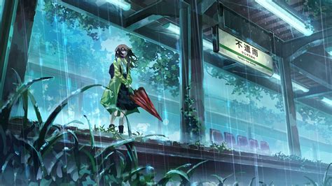 Download Wallpaper 1920x1080 Girl Umbrella Rain Station Anime Full