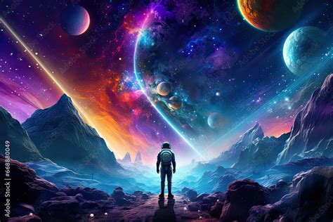 Astronaut In Space With Planets And Stars 3d Rendering Astronaut