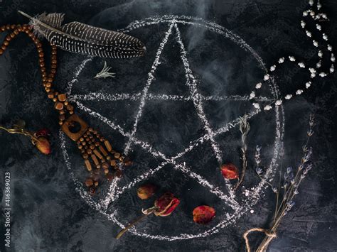 Top View Of The Demon Summoning Ritual A Pentagram Painted On A Stone