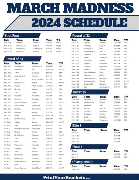 2024 Ncaa March Madness Tournament Tv Schedule Printable
