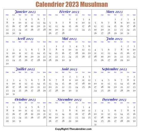 Modèle Imprimables Calendrier 2023 Musulman Gratuit Et Pdf