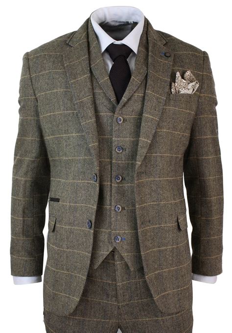 Cavani Albert - Men's Herringbone Tweed Check 3 Piece Suit - Tan Brown: Buy Online - Happy Gentleman