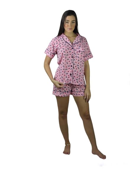Pijama Feminino Americano Blogueira Aberto Com Botões Rosa Lacinho Azul Compre Agora Dafiti