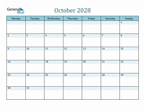 October 2028 Monthly Calendar Template Monday Start