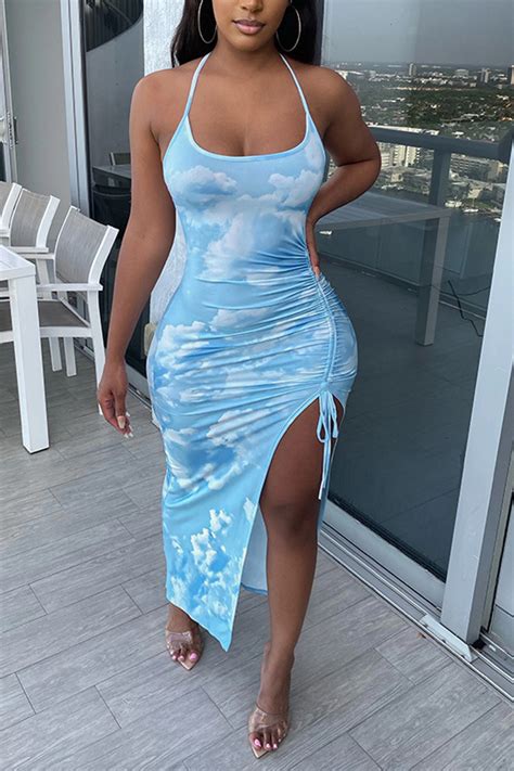 Light Blue Sexy Spaghetti Strap Sleeveless Slip Step Skirt Ankle Length Print Backless Dresses