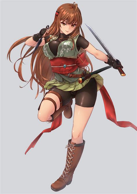 Safebooru 1girl Absurdres Bangs Bike Shorts Boots Breasts Brown Eyes Brown Footwear Brown Hair