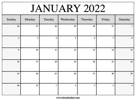 January 2022 Monthly Calendar Printable Riset
