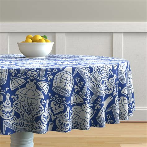 Round Tablecloth Chinoiserie Asian Art Inspired Blue And White Cotton