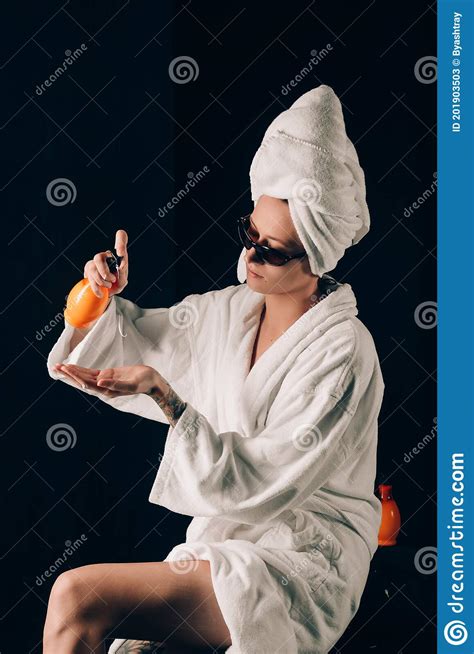 Skin Care Woman Applying Cream In Bath Towel After Spa Treatment Cosmetic Moisturizing Lotion