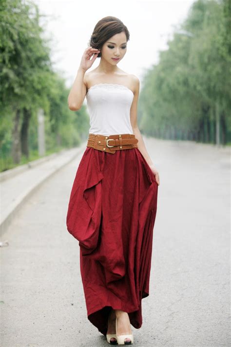 Red Maxi Linen Skirt Long Skirt Feminine Unique Design Etsy