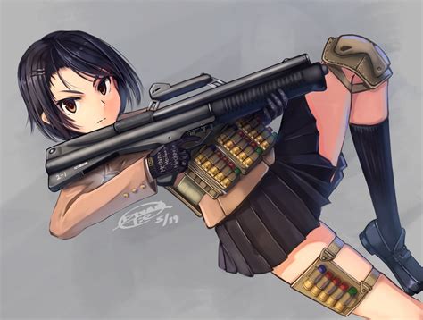 Wallpaper Gun Anime Girls Short Hair Weapon Gloves Person