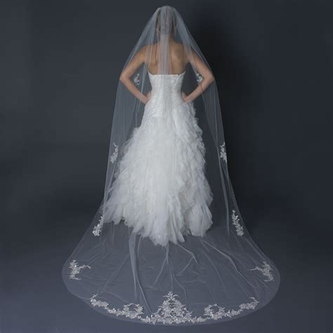 Ivory Cathedral Length Wedding Veil With Scalloped Floral Lace Cathedral Length Wedding Veil