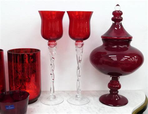 Lot 7 Red Glass Decor Pieces Candleholders