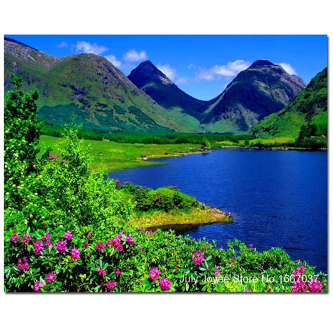 Diy Diamond Picture Of Scenery Blue Lake Beautiful Flowers And Mountains Really Scenery Picture