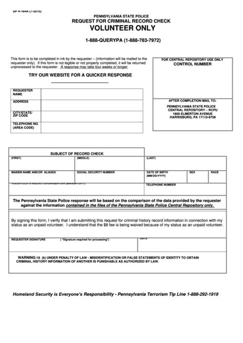Form Sp 4 164a Pennsylvania State Police Request For Criminal Record Check Volunteer Only