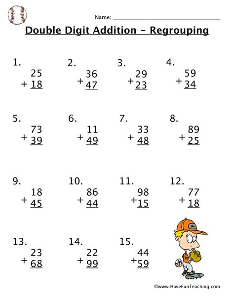 First, students use visual models (base ten blocks) to group ten units together and to record the addition with numbers written under. Double Digit Addition With Regrouping Worksheet • Have Fun ...
