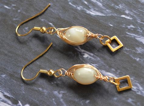 Beautiful Earrings In Herringbone Wrapped Gold Wire With A Small