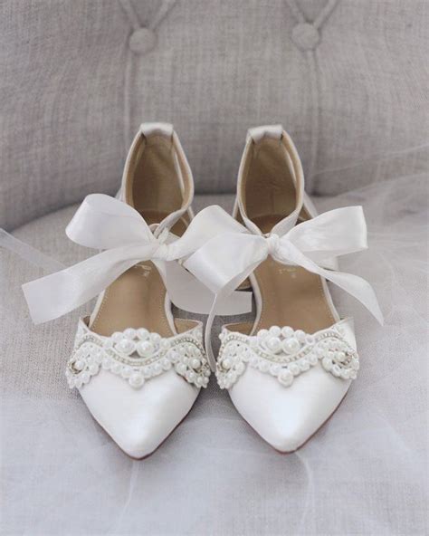White Satin Pointy Toe Flats With Small Pearls Applique And Etsy