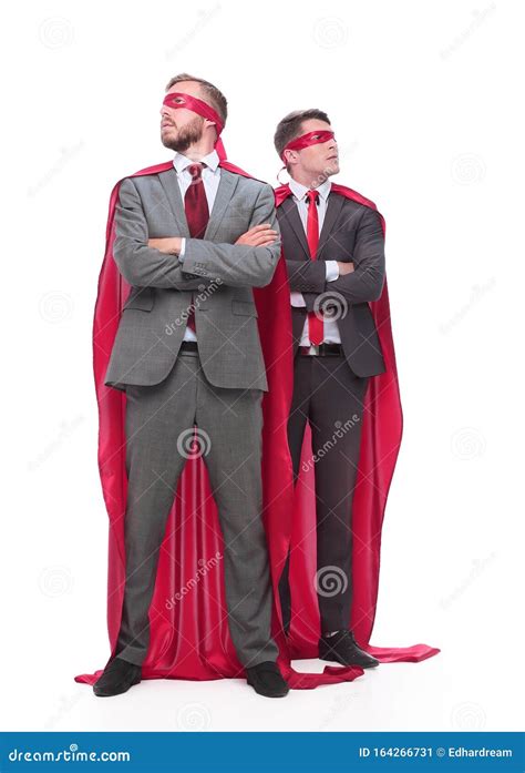 Two Business Men Superheroes Standing Together Isolated On White Stock