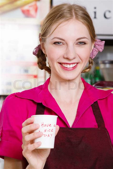 Friendly Waitress Making Coffee Stock Image Colourbox