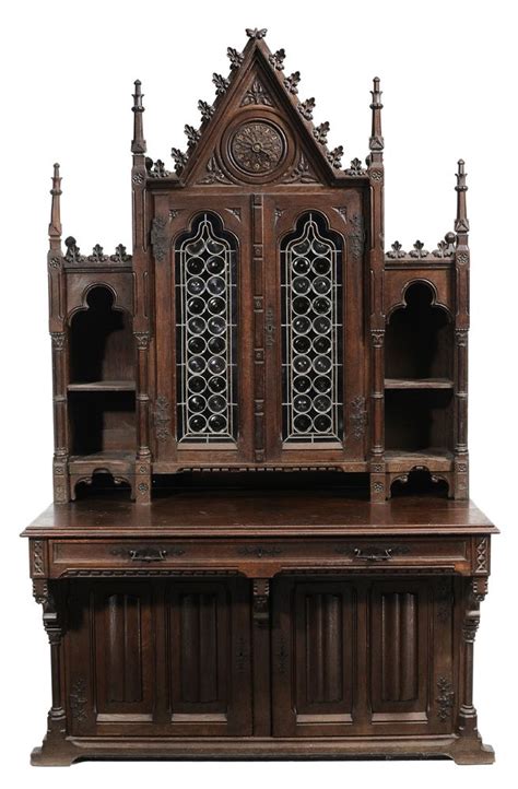 Gothic Revival Cathedral Form Carved Oak Cabinet Second Half 19th