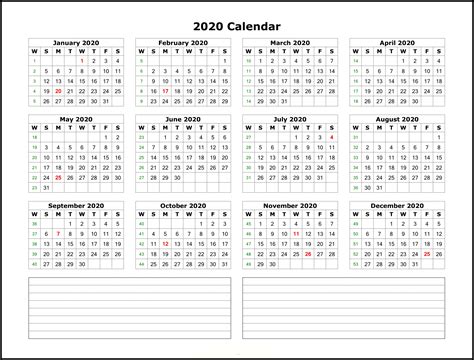 2020 Year Calendar Printable