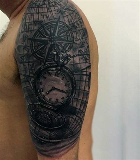 Realistic Black Ink Pocket Clock With Nautical Map Half