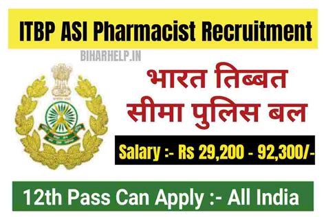 Itbp Asi Pharmacist Recruitment Notification Apply Online