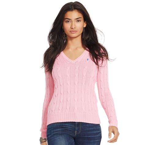 Polo Ralph Lauren Cable Knit V Neck Sweater In Pink Flamingo Pink Lyst