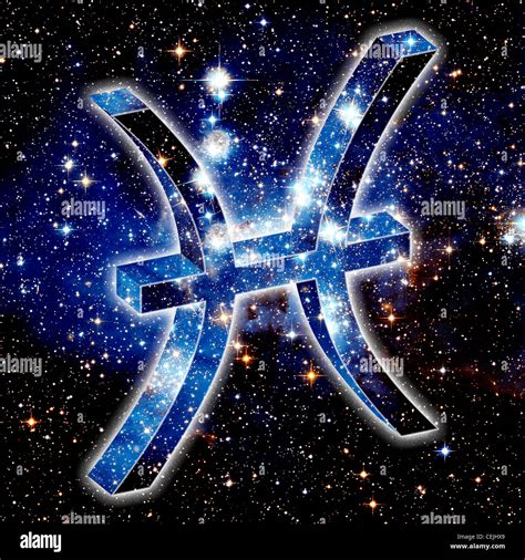 Illustrated Star Signs Pisces Symbol Set Against A Background Of Space Filled With Stars Stock