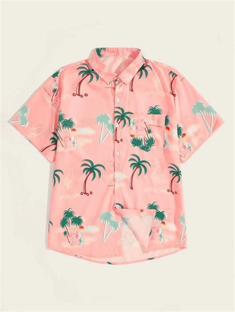 Men Coconut Trees Print Curved Hem Hawaiian Shirt Curved Hem Shirt