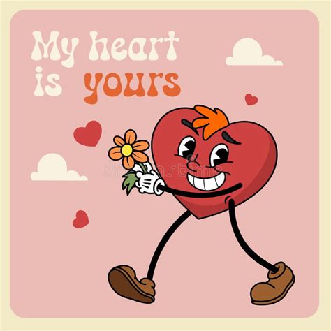 Groovy Heart Mascot Character Retro Cartoon Style Walking Cute Cartoon Heart Mascot With