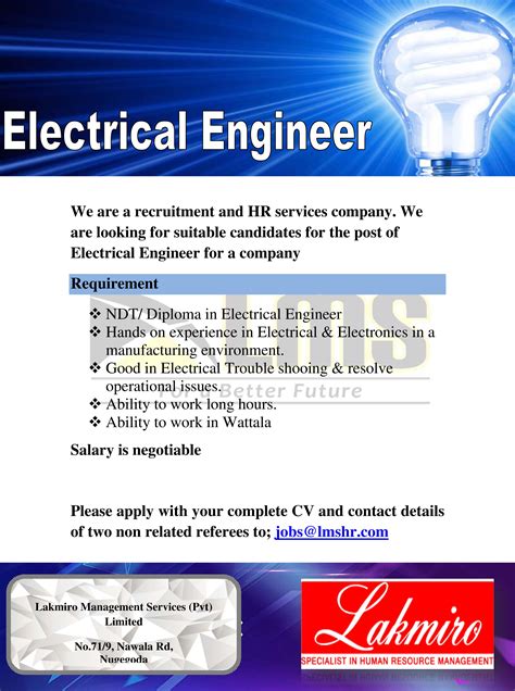.job description the electrical engineering position researches, develops, designs, and tests electrical components, equipment, systems, and networks. Electrical Engineer job vacancy at Lakmiro Management ...