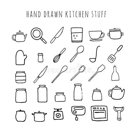 Vector Hand Drawn Kitchen Stuff Collection Of Kitchen Tools Stock