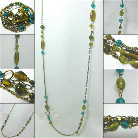 Beautiful Antique Brass Necklace Made With Random Moss Green And