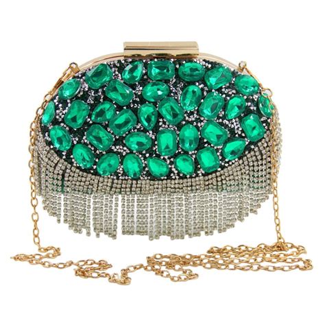 Design Evening Bag Handmade Emerald Green Stone Tassels Crystal Luxury
