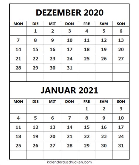 Praktische, vielseitige wochenkalender für 2021 mit farblich markierten bundesweiten feiertagen kostenloser jahreskalender für das jahr 2021 zum ausdrucken (pdf), inklusive. Kalender Dezember 2020 Januar 2021 | Zwei monatliche Kalender